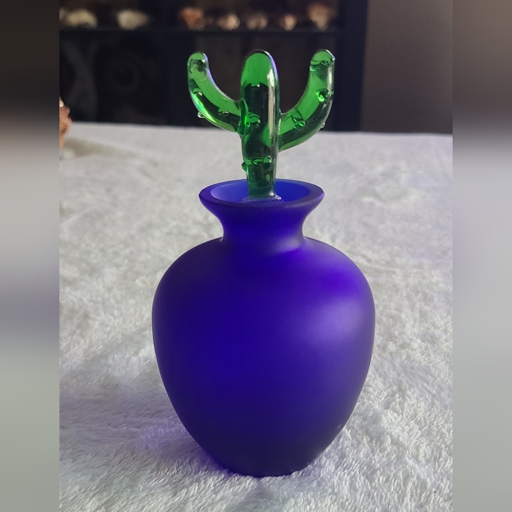 Vintage Cobalt Blue Glass Bottle with Green Cactus Stopper